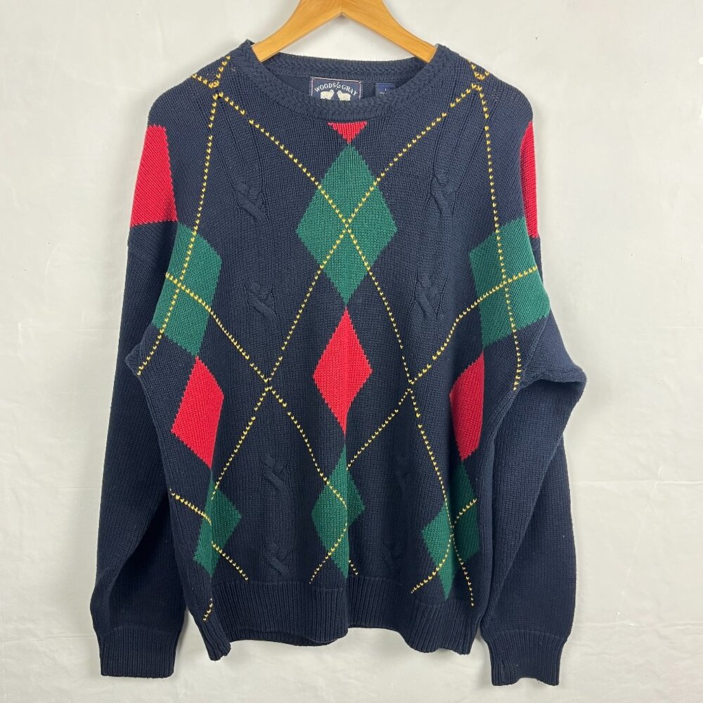 2/$30 Woods & Gray Mens Crew Neck Navy Argyle Sweater Large
